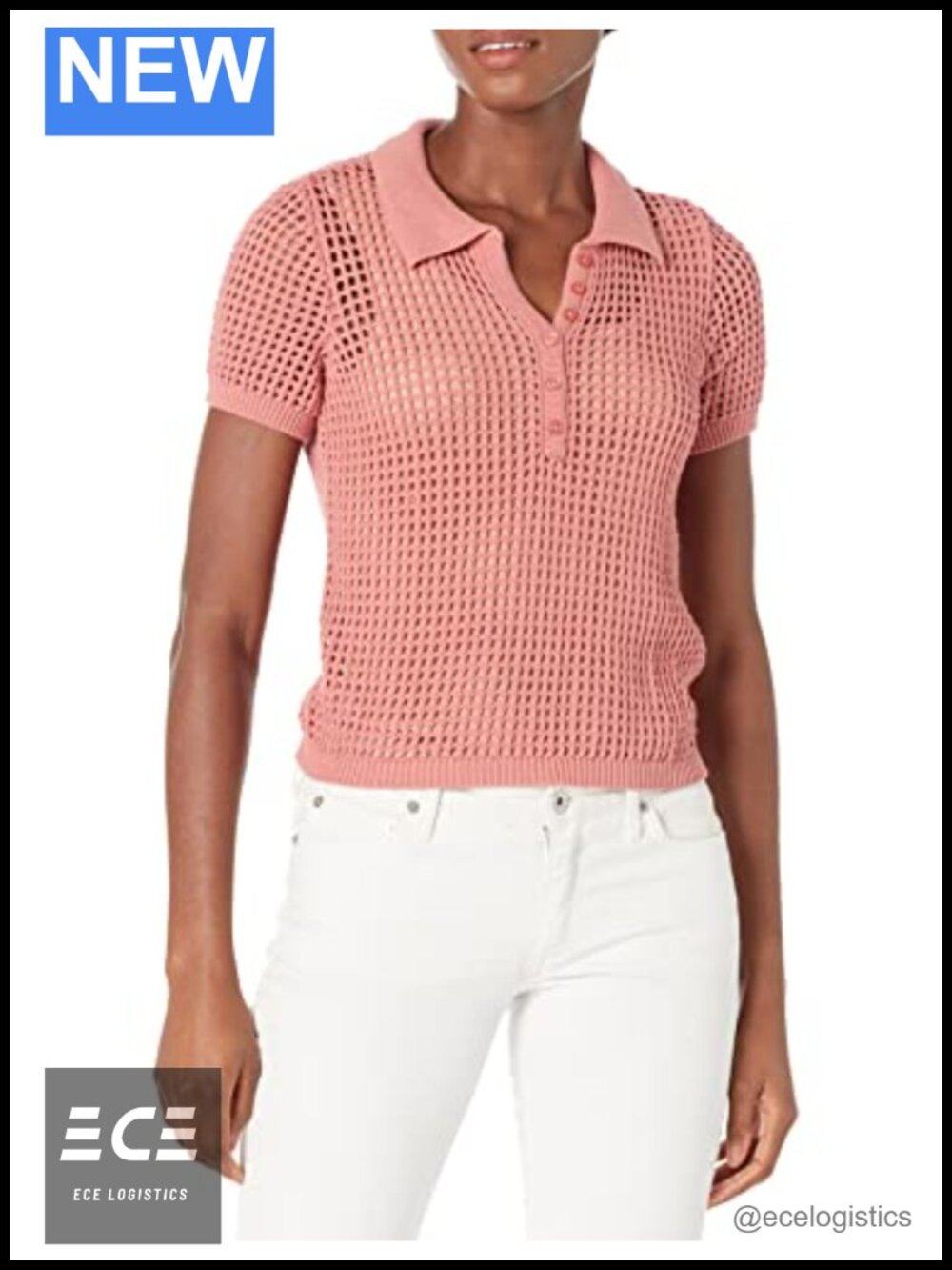Open Stitch Cap Sleeve Polo Shirt Collared Pull On Regular Fit